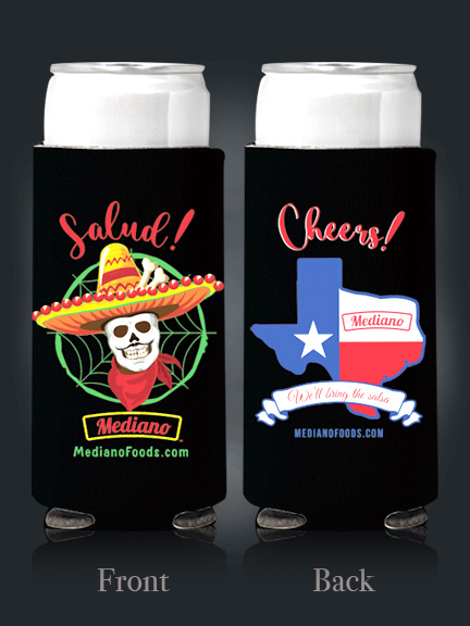 Tall Skinny Can or Long Neck Bottle Koozie - Mediano Foods Texas Salsa -  Mediano Foods